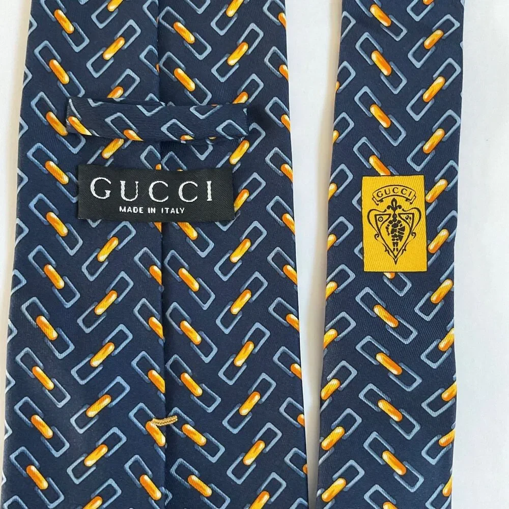 VTG Gucci Silk Tie Chain Link Geometric Navy Blue Orange Italy Luxury Classic
